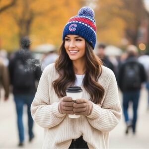 Women’s Chicago Cubs baseball ⚾️ 47 Brand Blue Red Knit Winter Beanie Pom-Pom